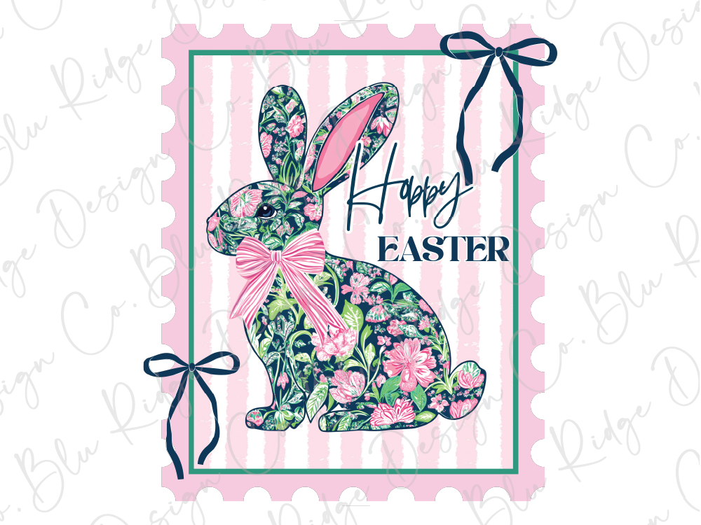 A floral Easter bunny with a pink bow, surrounded by pink and green stripes and bows, with the text "Happy Easter" displayed.