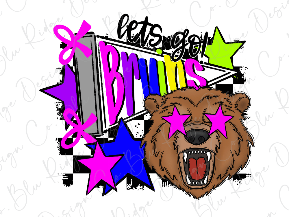 A cartoon bear with a wide-eyed expression and a large, colorful banner with the word "Brins" written on it.