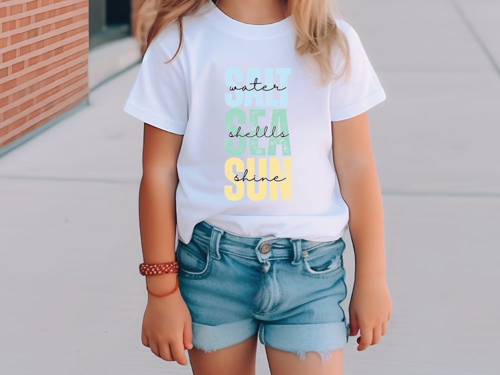 a little girl wearing a t - shirt that says eat, drink, and dance