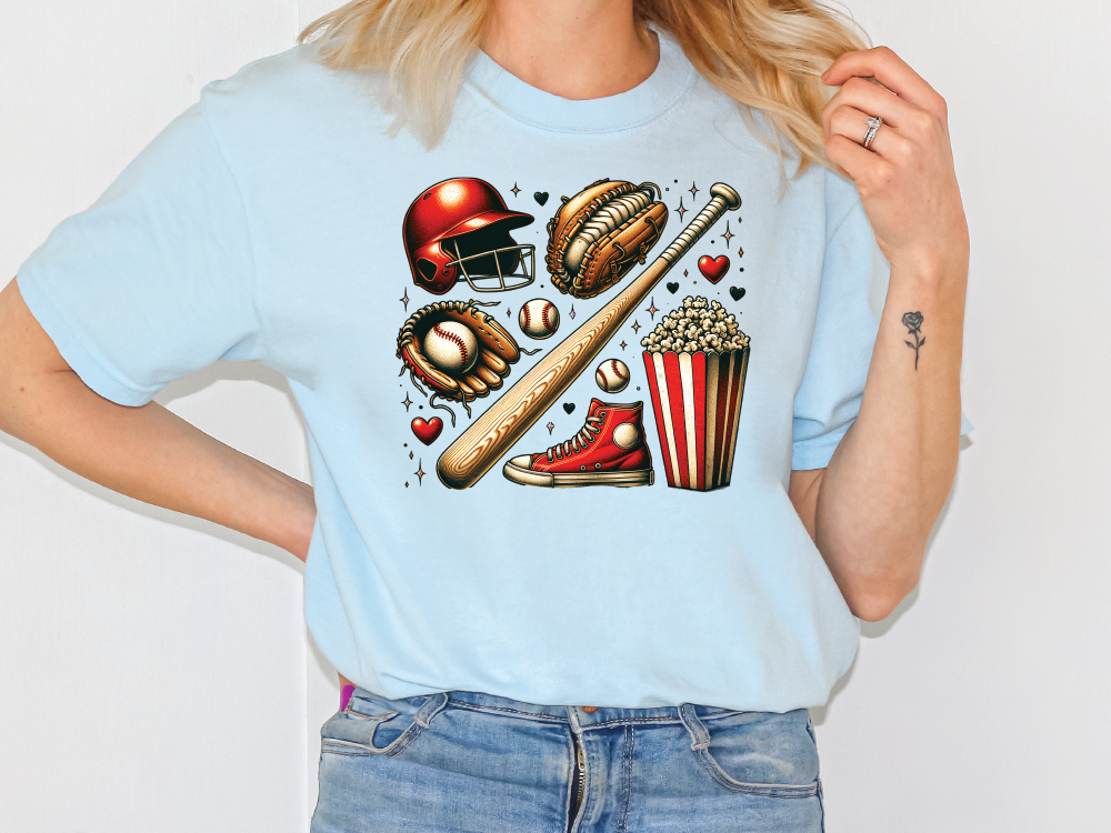 a woman wearing a t - shirt with a baseball theme
