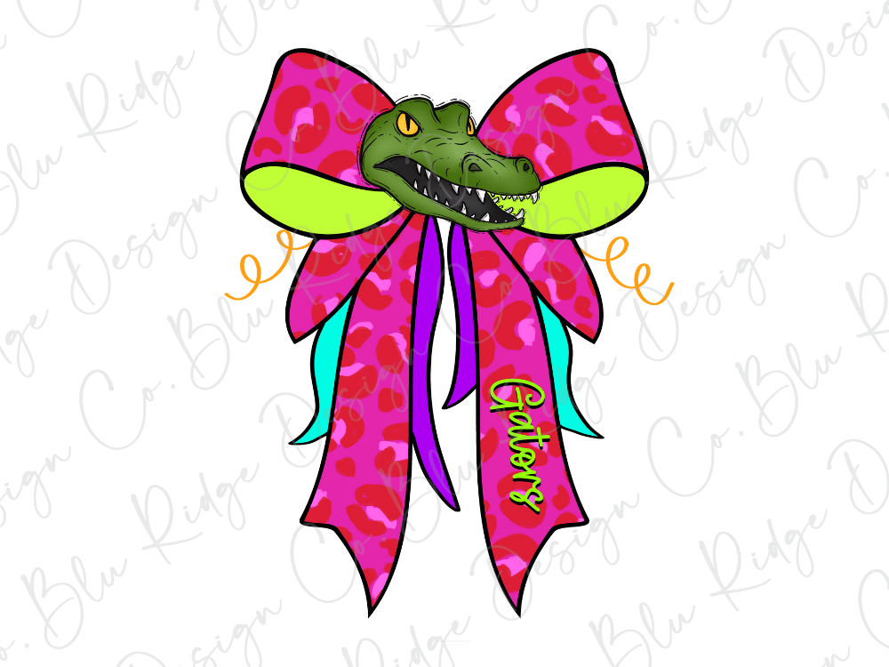 A cartoon illustration of a green alligator wearing a pink and green bow with the word "Gators" written on it.