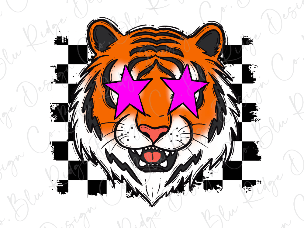A stylized illustration of a tiger's face with pink star-shaped eyes and a checkered background.