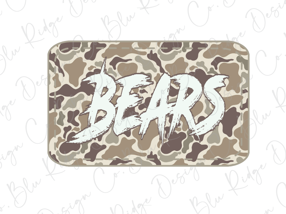 A camouflage-patterned object with the word "BEARS" written on it in a stylized font.