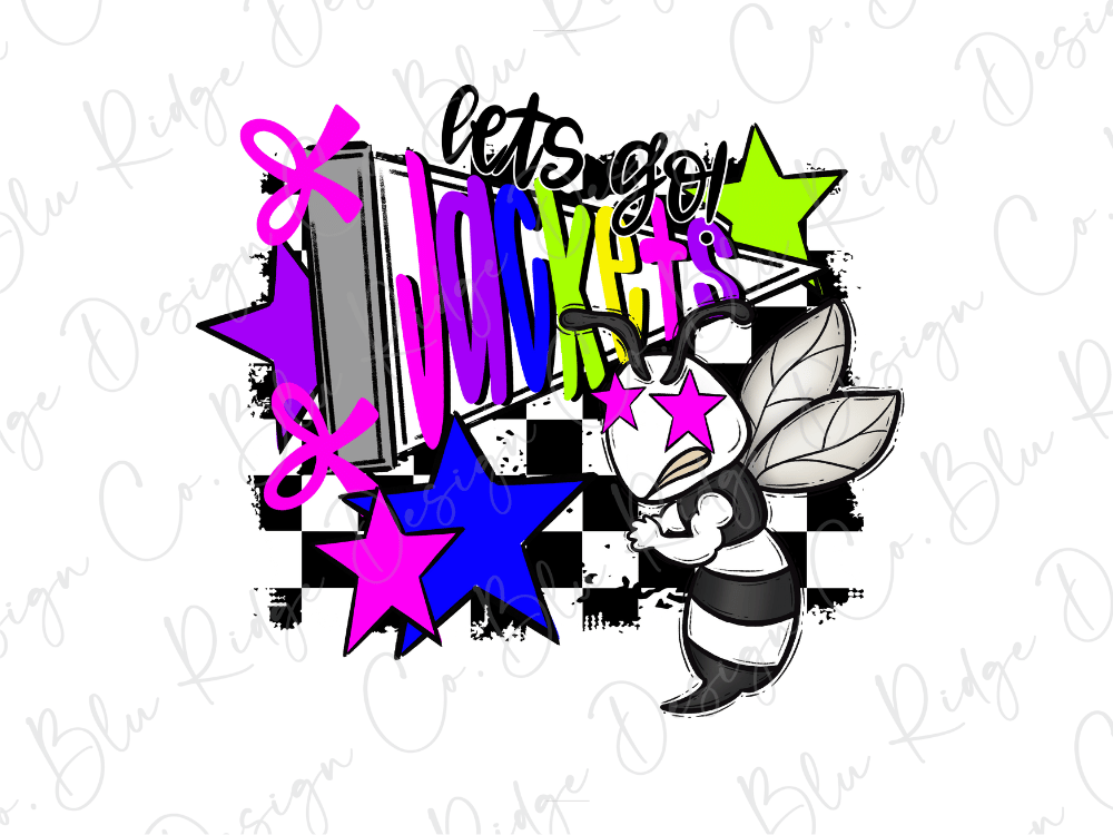 A colorful and stylized graphic design featuring a bee-like character surrounded by various shapes, including stars, lines, and text.