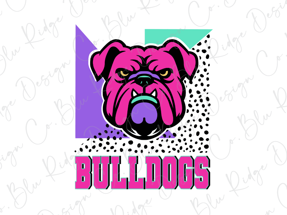 a bold and colorful illustration of a bulldog, with the word "Bulldogs" prominently displayed below it.