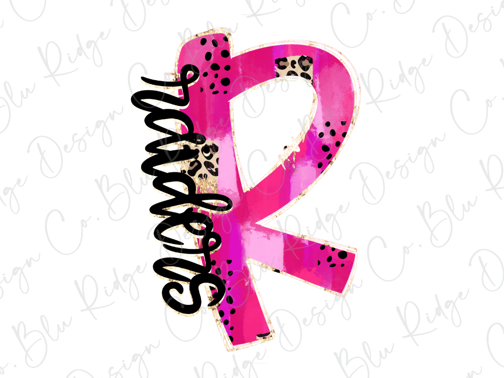 a pink ribbon with the word "R" written on it, which is a symbol commonly associated with breast cancer awareness.