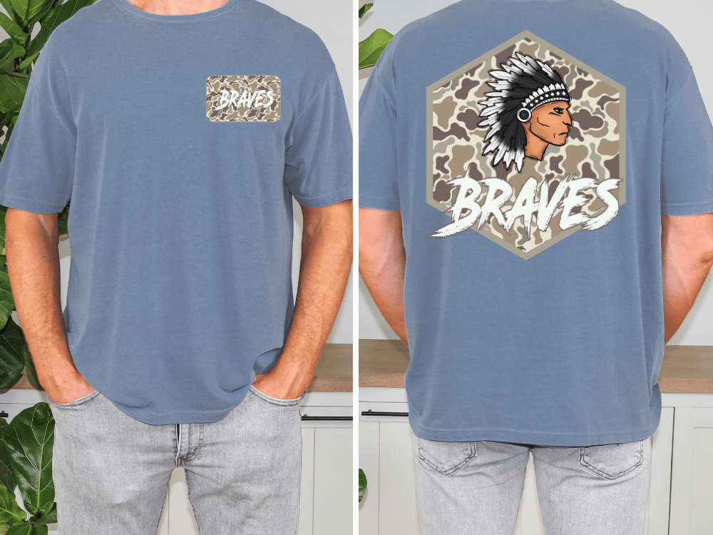 a man wearing a blue t-shirt with a graphic design on the back. The design features a Native American headdress and the word "Braves" written below it.