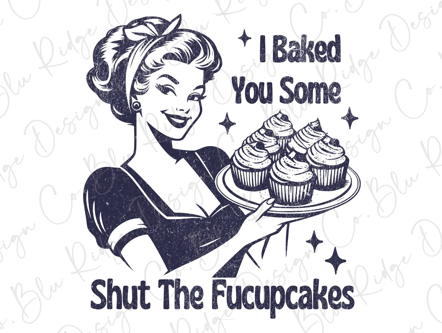 a woman holding a tray of cupcakes with the words i baked you some