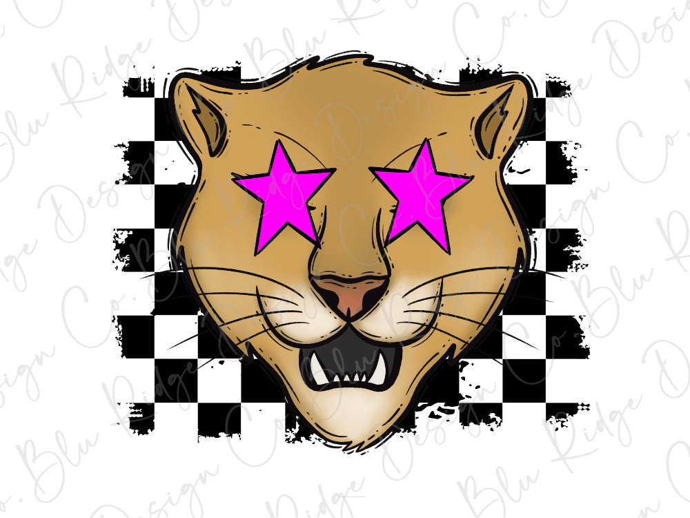 A cartoon-style illustration of a cat with pink star-shaped eyes and a checkered background.