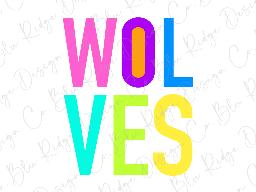 the word "WOLVES" in a stylized font, with the letters in various colors such as pink, blue, green, and yellow.