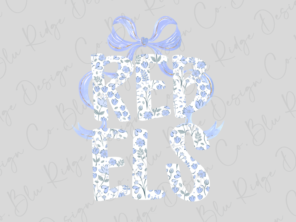 the word "REBELS" in a stylized, floral design with a blue bow.