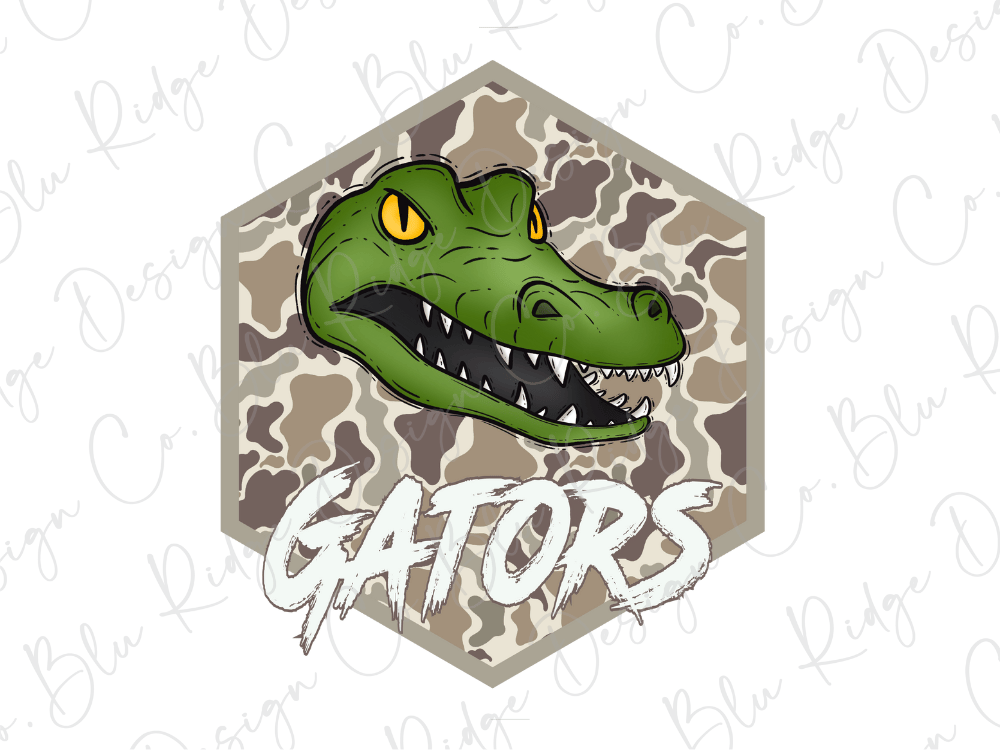 A stylized illustration of a green alligator head with the word "GATORS" written below it.