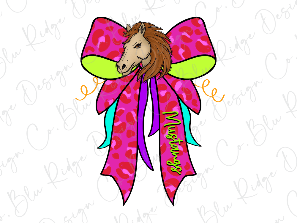 A stylized illustration of a horse's head wearing a pink bow with a leopard print pattern.