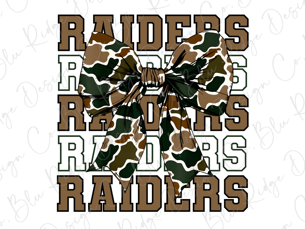 a large bow made up of the word "RAIDERS" in a camouflage pattern, with the word "RAIDERS" repeated multiple times in a vertical arrangement.