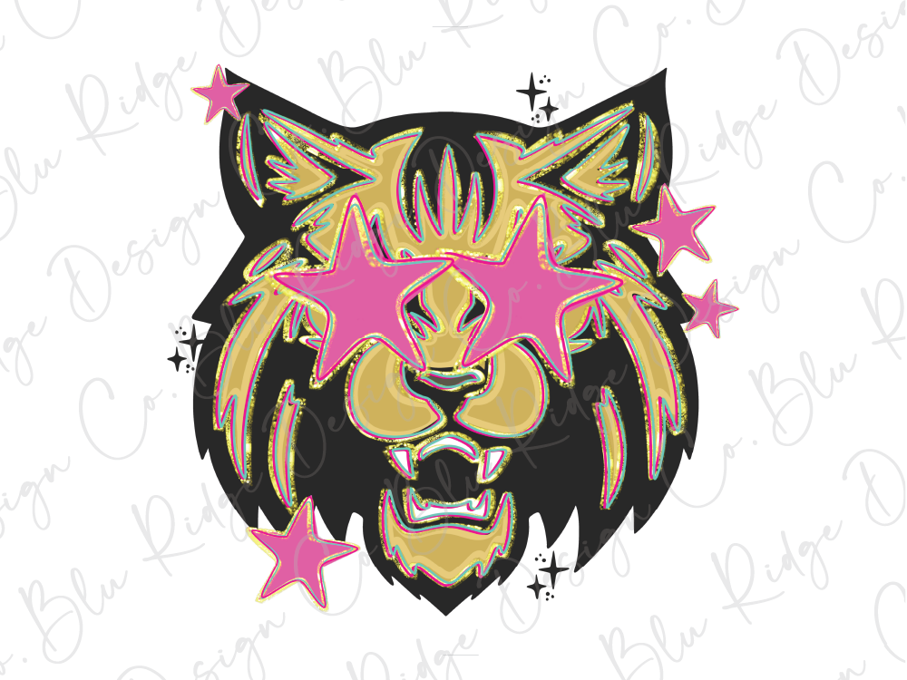 A stylized illustration of a cat's face with large pink stars surrounding it, creating a bold and eye-catching design.