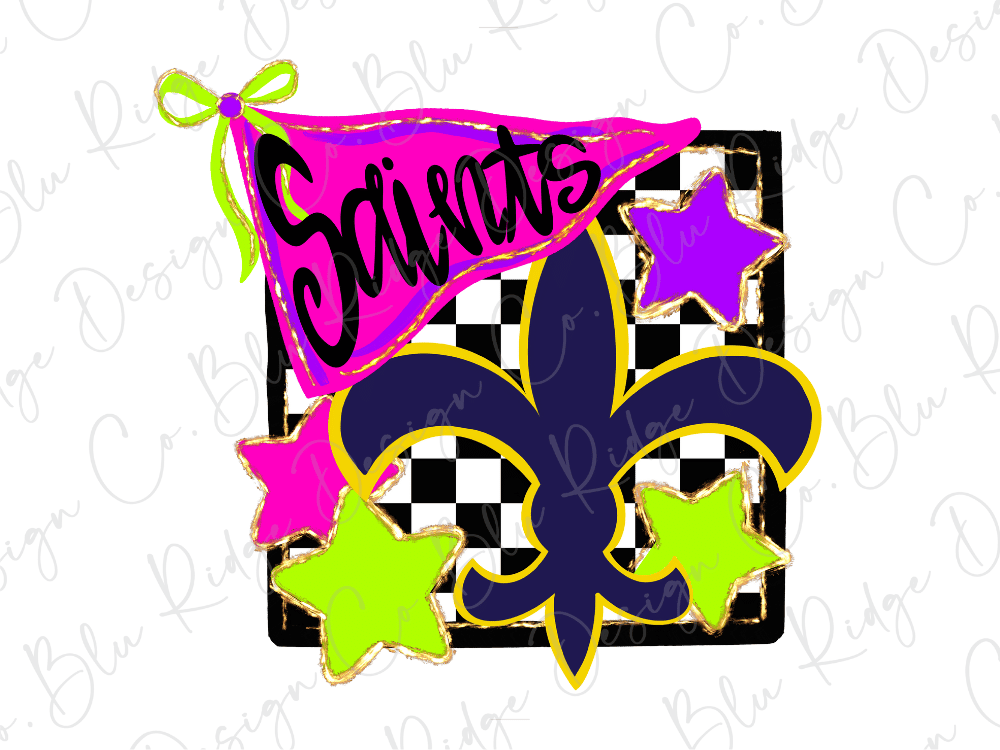 a vibrant and colorful design with a pink and purple flag, a purple and blue fleur-de-lis, and three green and yellow stars.