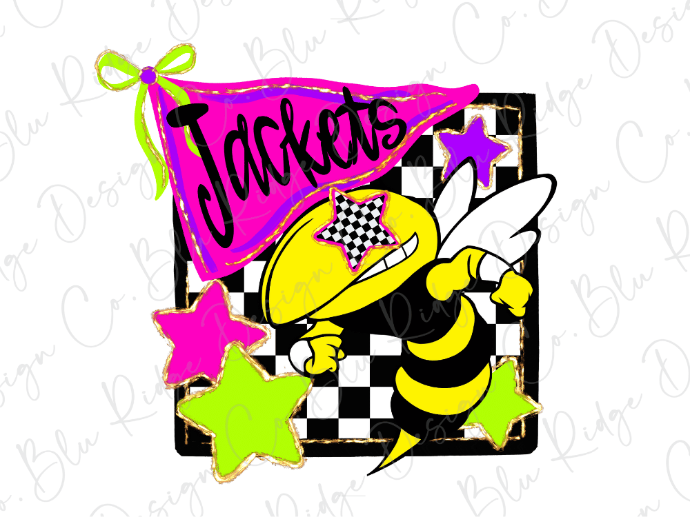 A colorful illustration of a bee wearing a jacket with the word "JACKETS" written on it, surrounded by stars and a checkered flag.