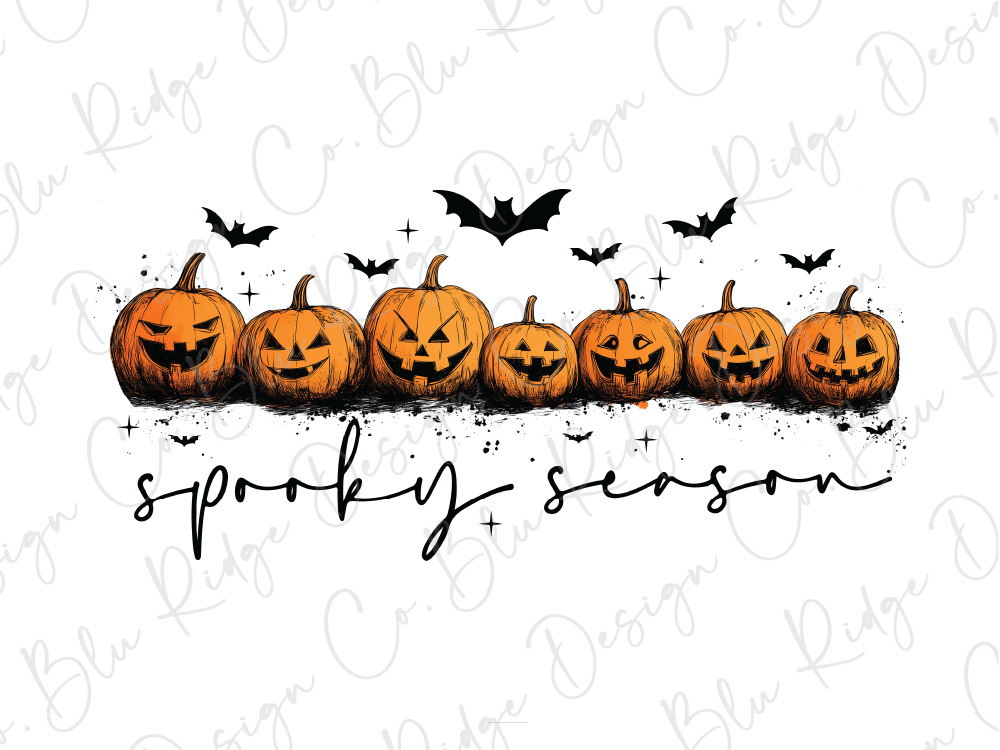 A row of six jack-o'-lanterns with spooky faces, accompanied by bats flying around them, and the text "spooky season" written below.