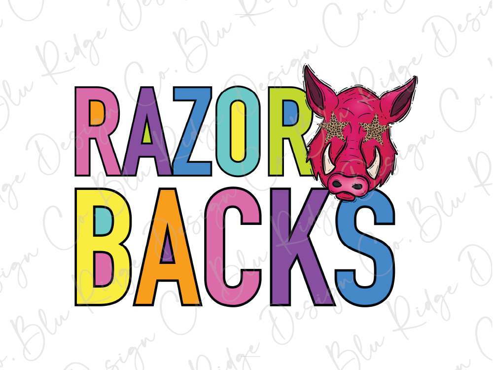 a colorful and stylized text that reads "RAZOR BACKS", with a pink and red animal, possibly a pig or a bear, peeking out from behind the text.