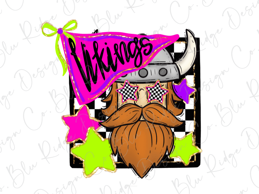 a cartoon illustration of a Viking character with a beard, wearing a helmet and sunglasses, surrounded by stars and a banner with the word "Vikings".
