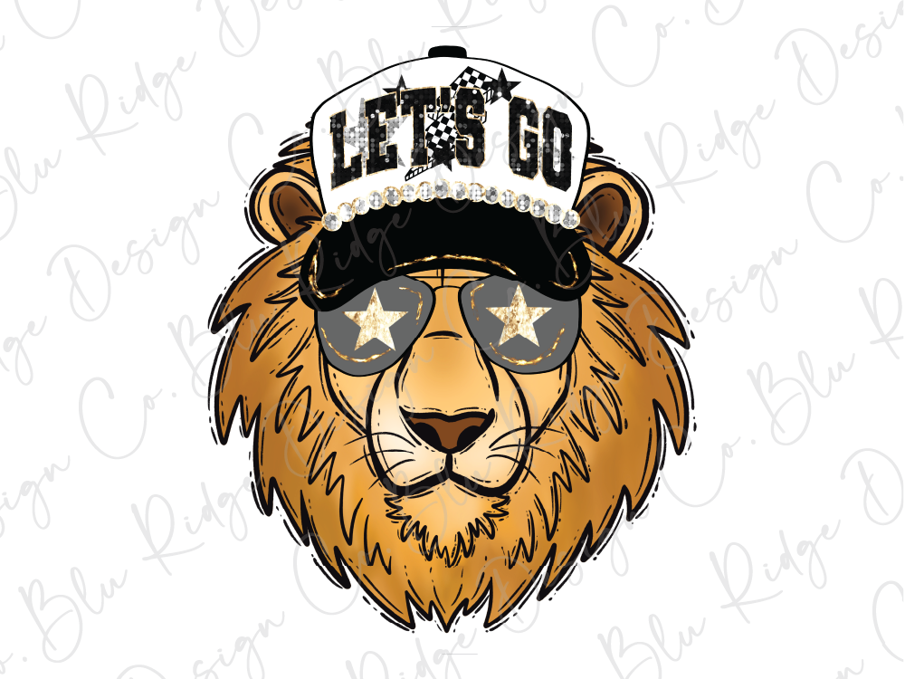 A stylized illustration of a lion wearing a baseball cap with the text "LET'S GO" and sunglasses with stars.
