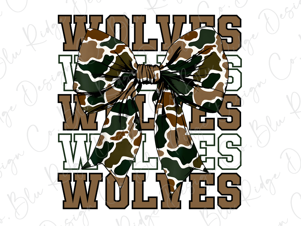 A camouflage bow with the word "WOLVES" written in a stylized font below it.