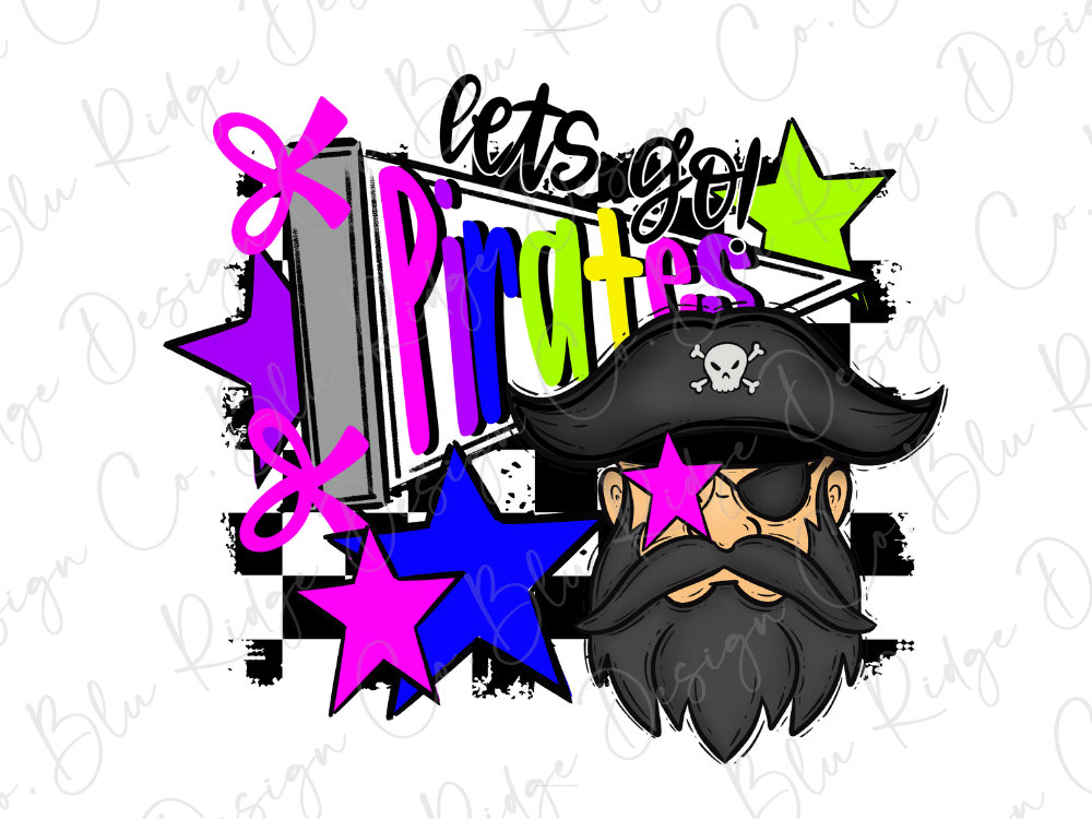 A pirate-themed graphic design with a pirate's face, a pirate hat, and colorful stars and text.