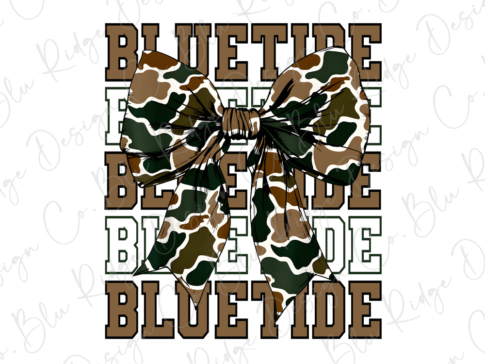 A camouflage bow with the word "BLUE TIDE" written in a stylized font, surrounded by the word "BLUE TIDE" repeated in a camouflage pattern.