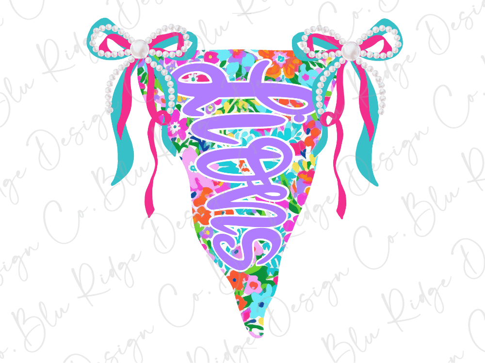 A colorful and whimsical design featuring the word "Lets" in a stylized font, surrounded by floral elements and bows in shades of pink, blue, and green.