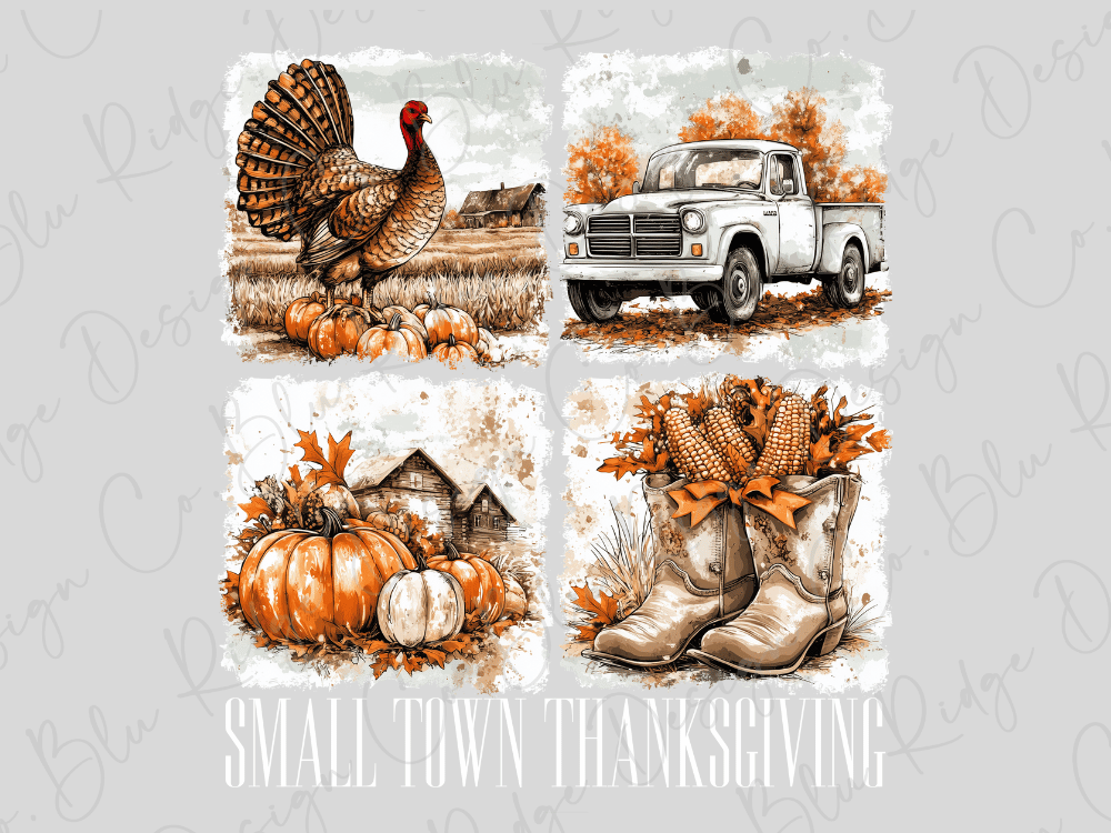 The image is a collage of four pictures depicting various elements of small town Thanksgiving, including a turkey, a truck, pumpkins, and boots.