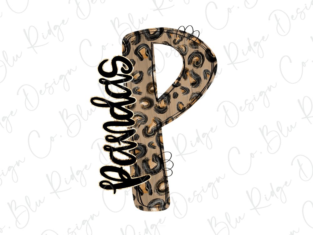 A stylized letter 'P' with a leopard print pattern, featuring the word "PANDAS" written in cursive script.