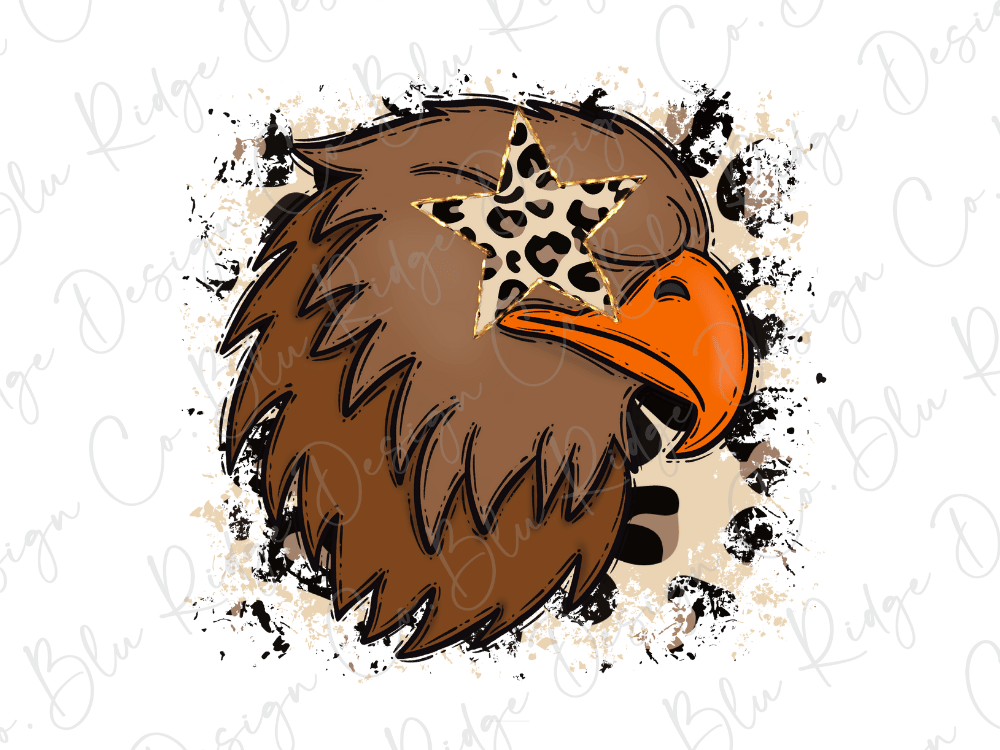 A stylized illustration of an eagle head with a leopard print star on its eye, surrounded by splattered paint or ink.