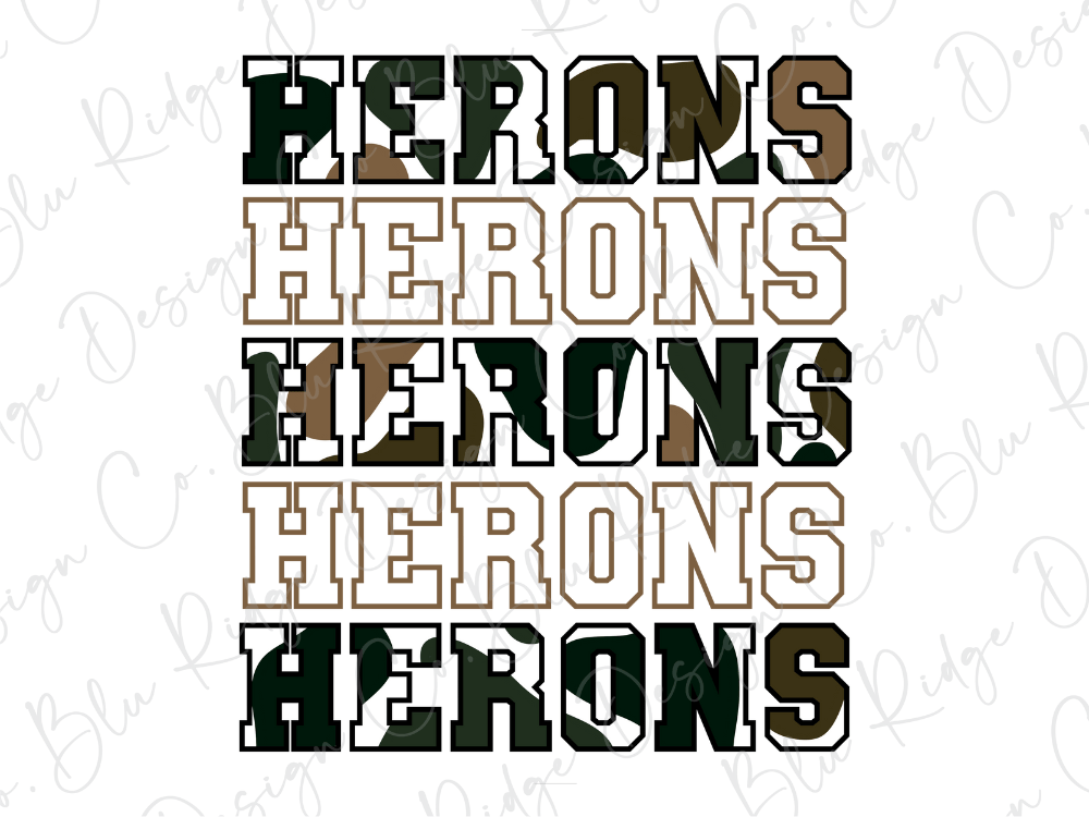 the text "HERONS" repeated in various sizes and orientations, with the word "HERONS" being the most prominent.
