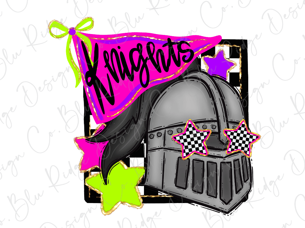 A knight helmet with checkerboard patterns and stars, along with a banner that says "Knights" in a stylized font.