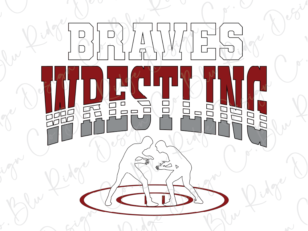 two wrestlers engaged in a match, with the text "Braves Wrestling" prominently displayed above them.