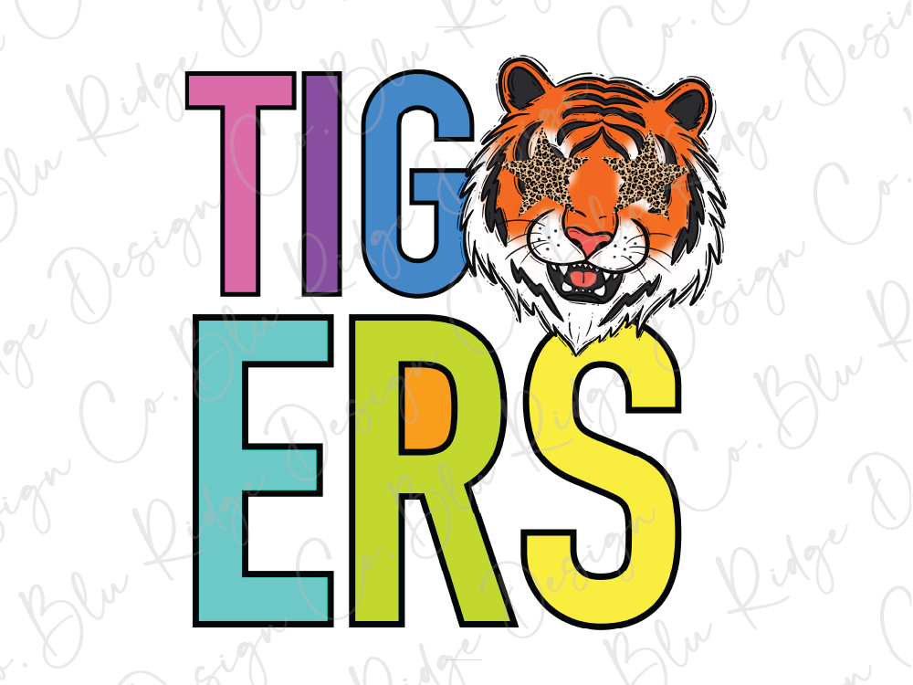 A colorful graphic design featuring the word "TIGERS" with a tiger's head and eyes, surrounded by various colored letters.