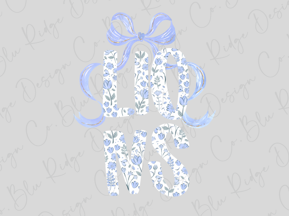 A floral pattern with the word "LOVE" written in a stylized font, with a blue ribbon bow above it.