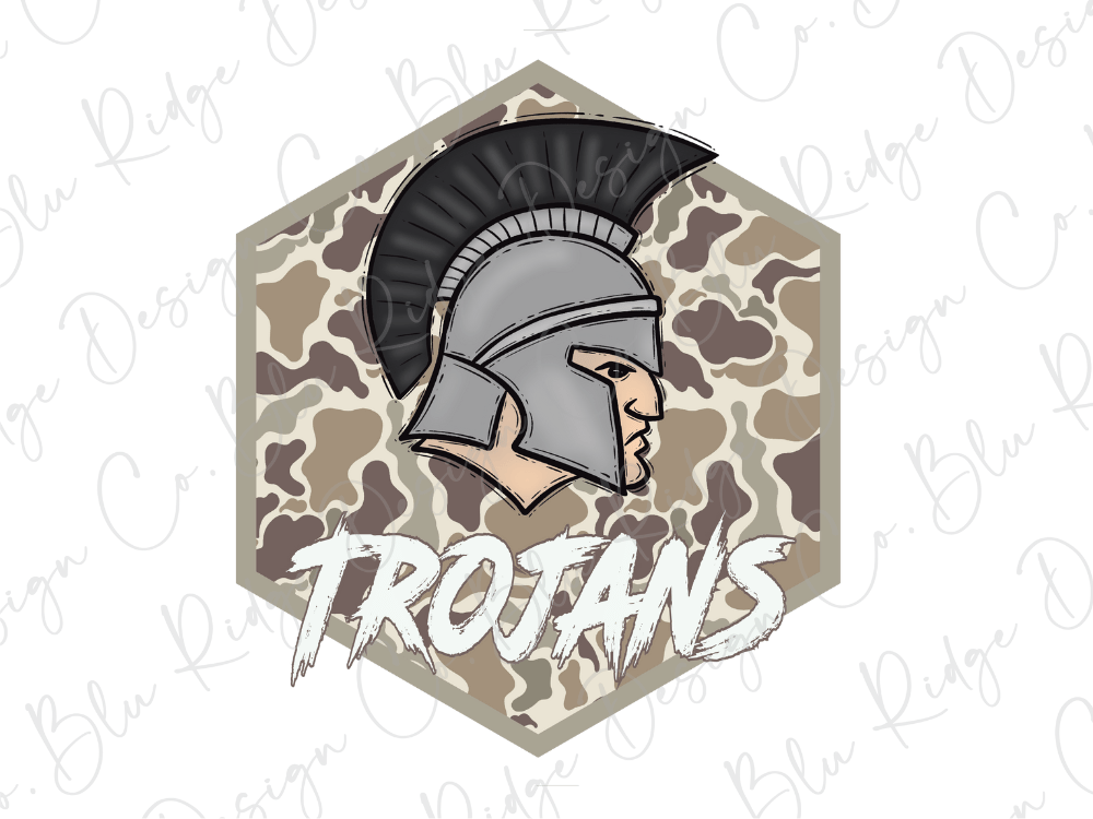 a helmet with a plume and the word "TROJANS" written below it.
