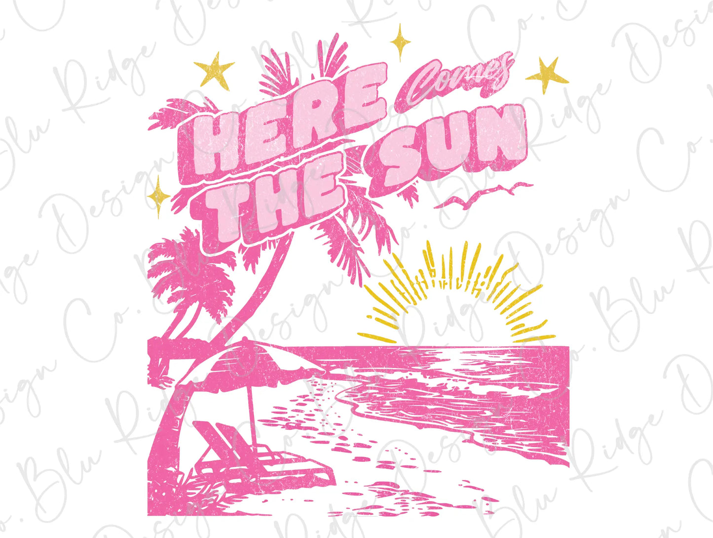 there is a pink and yellow sign that says here is the sun