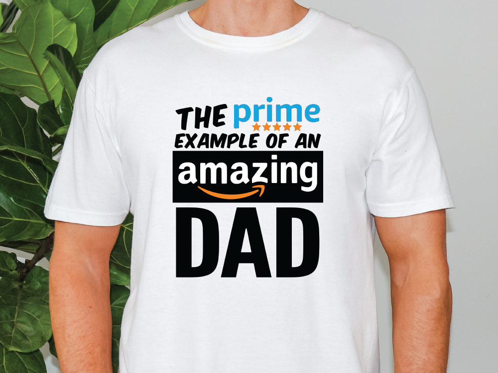 a man wearing a white t - shirt that says the prime example of an amazing