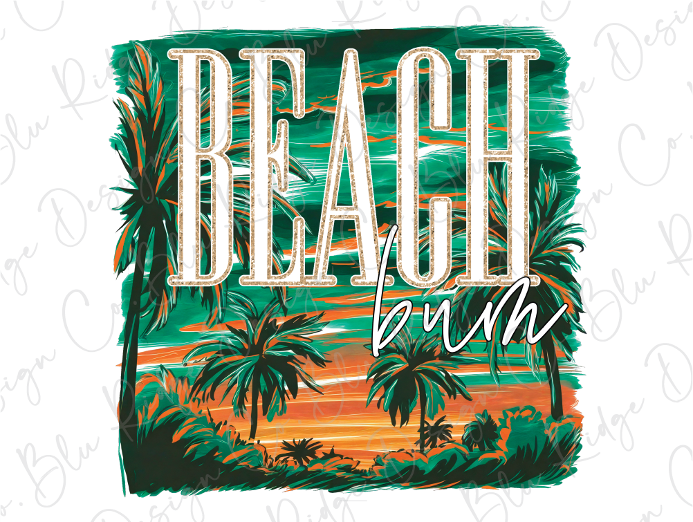 a beach sign with palm trees and a sunset in the background