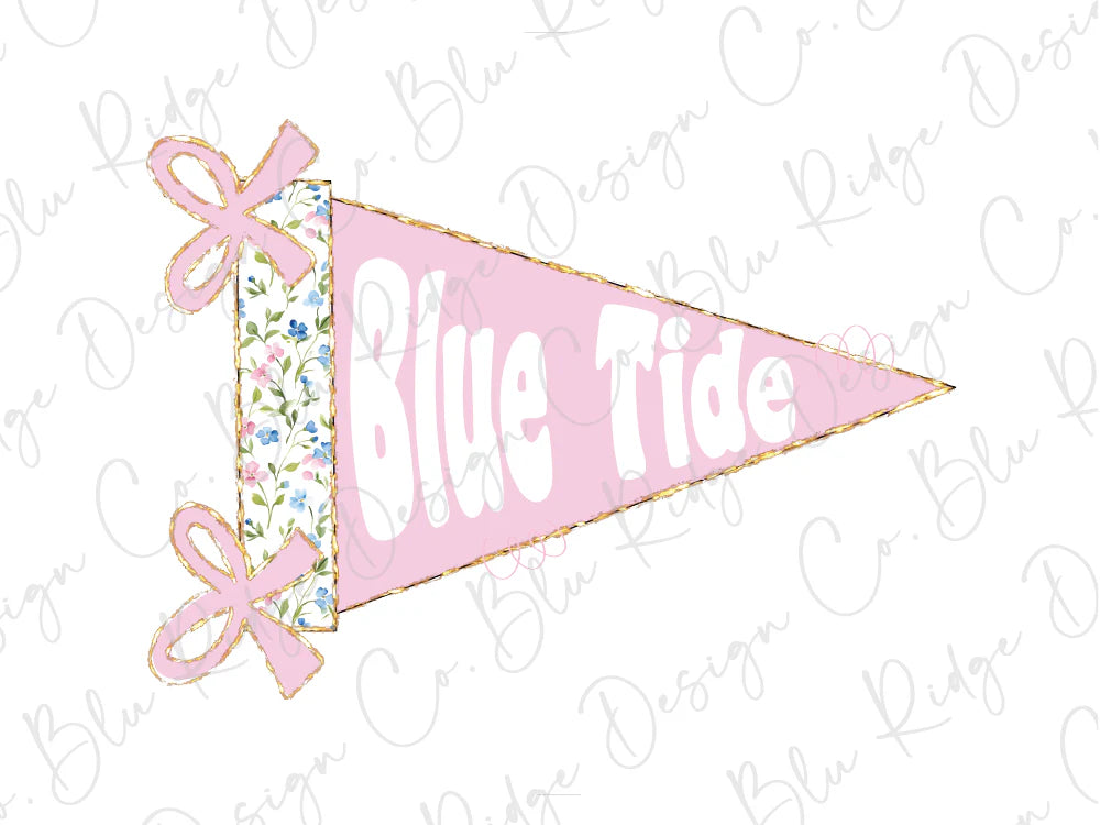 A pink triangular flag with the text "Blue Tide" written on it, along with two pink bows.