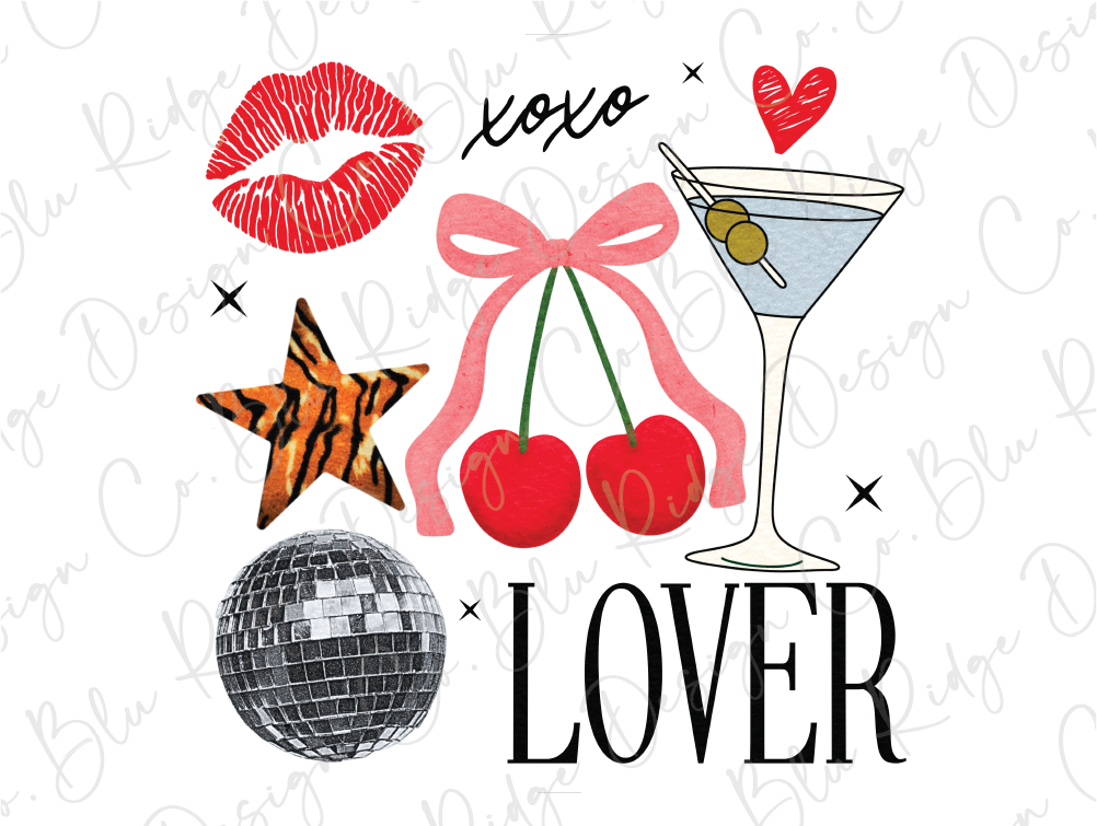 a picture of a disco ball, a martini glass, and a pair of lips