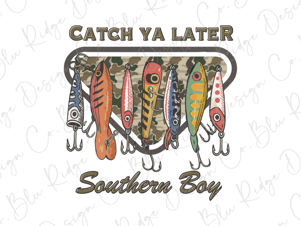 a collection of fishing lures and hooks, with the text "Catch Ya Later" and "Southern Boy" displayed above and below the items, respectively.