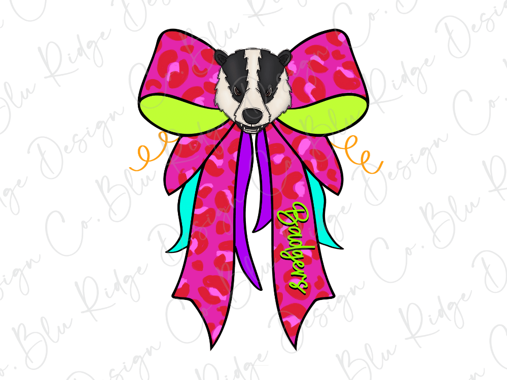 A colorful illustration of a badger's face wearing a large pink bow with a leopard print pattern.