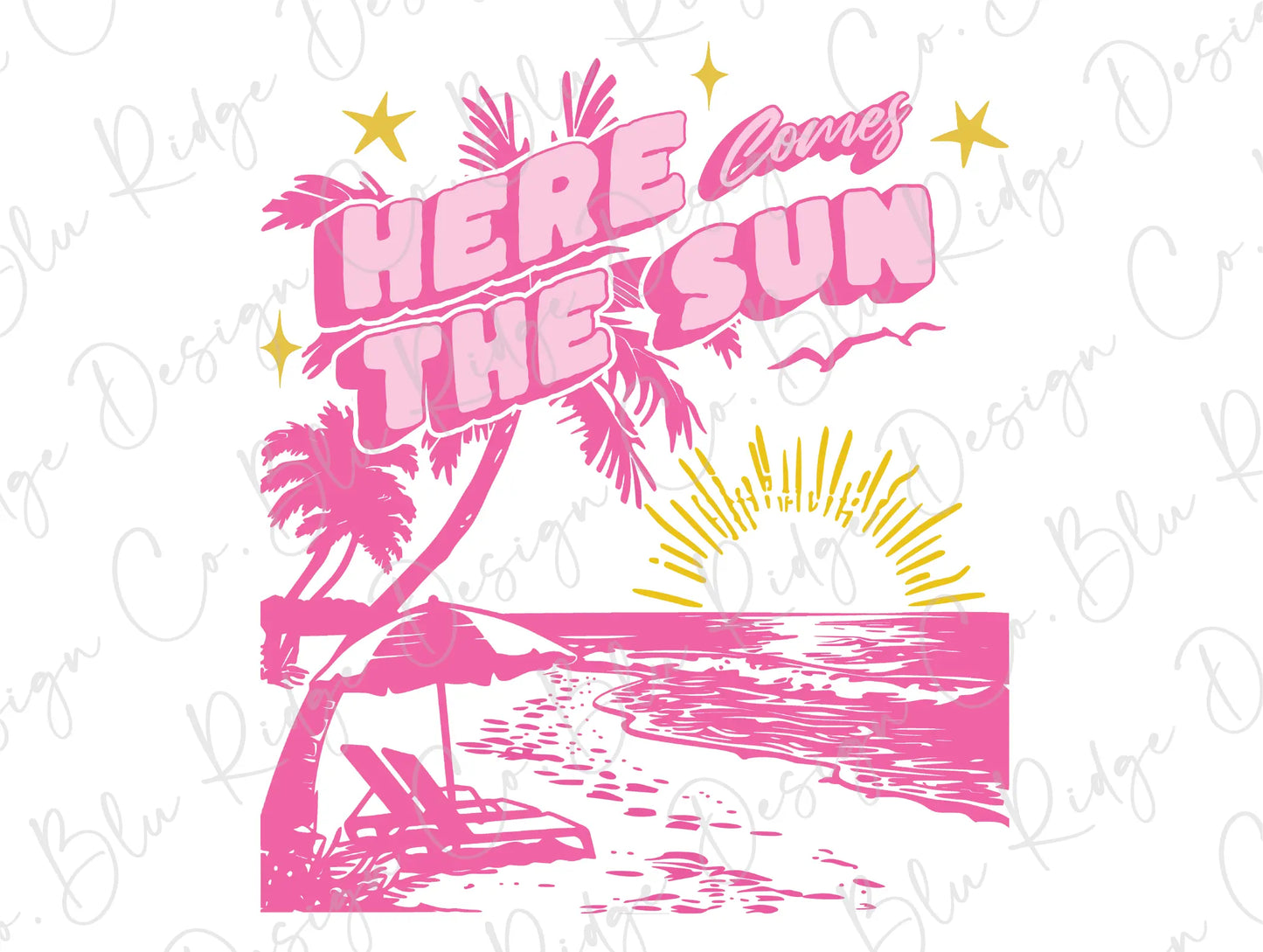 there is a pink and yellow sign that says here is the sun