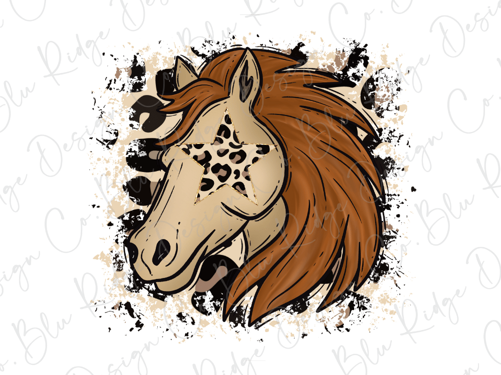 A stylized illustration of a horse's head with a star-shaped design on its face, surrounded by splattered paint or ink.