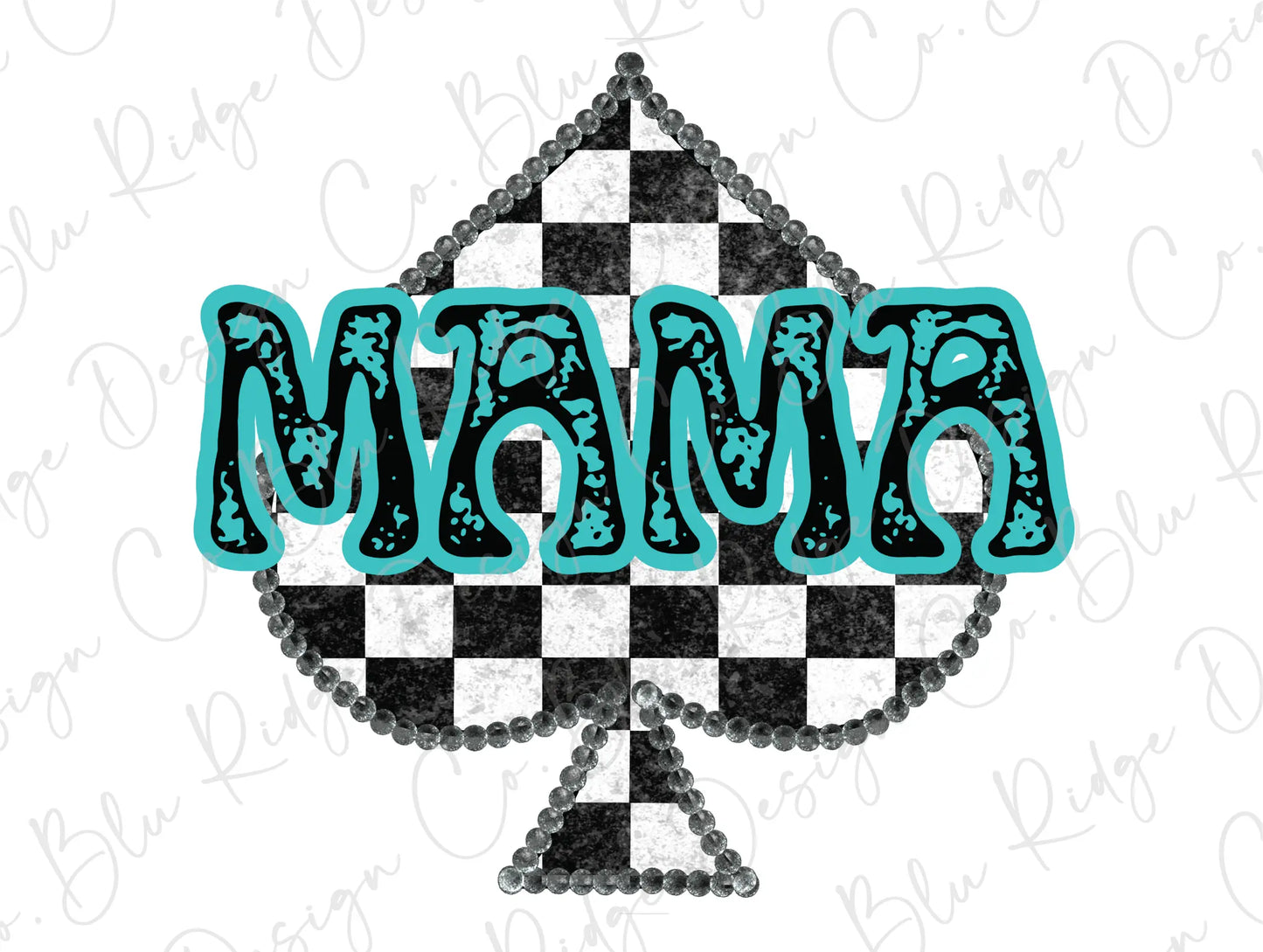 a black and white checkerboard ace symbol with the word mama on it