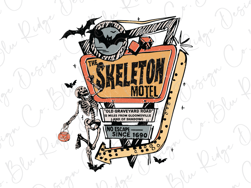 a skeleton holding a pumpkin and standing in front of a sign for "The Skeleton Motel".