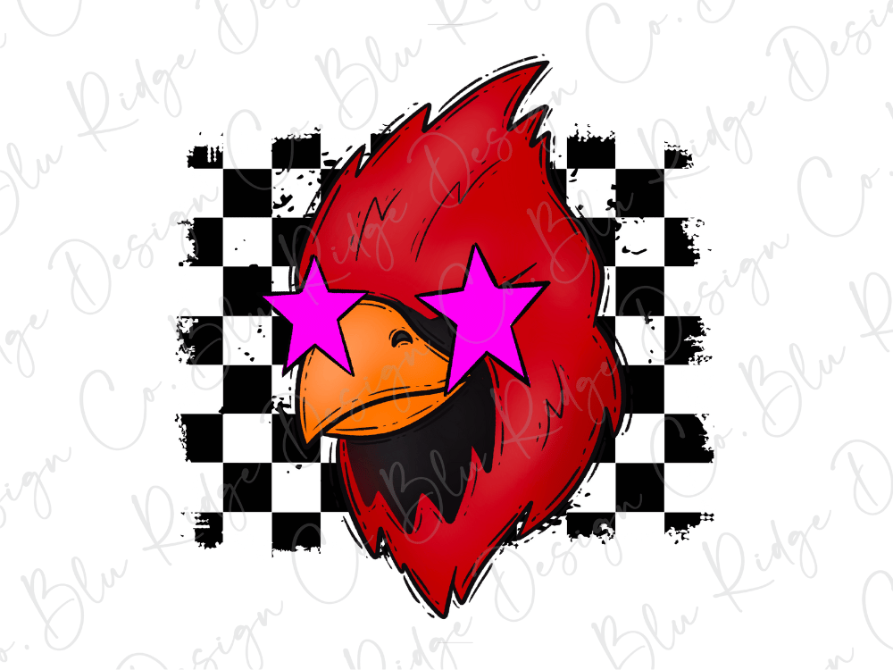 A stylized illustration of a red bird with large pink stars on its eyes, set against a background of black and white checkered patterns.